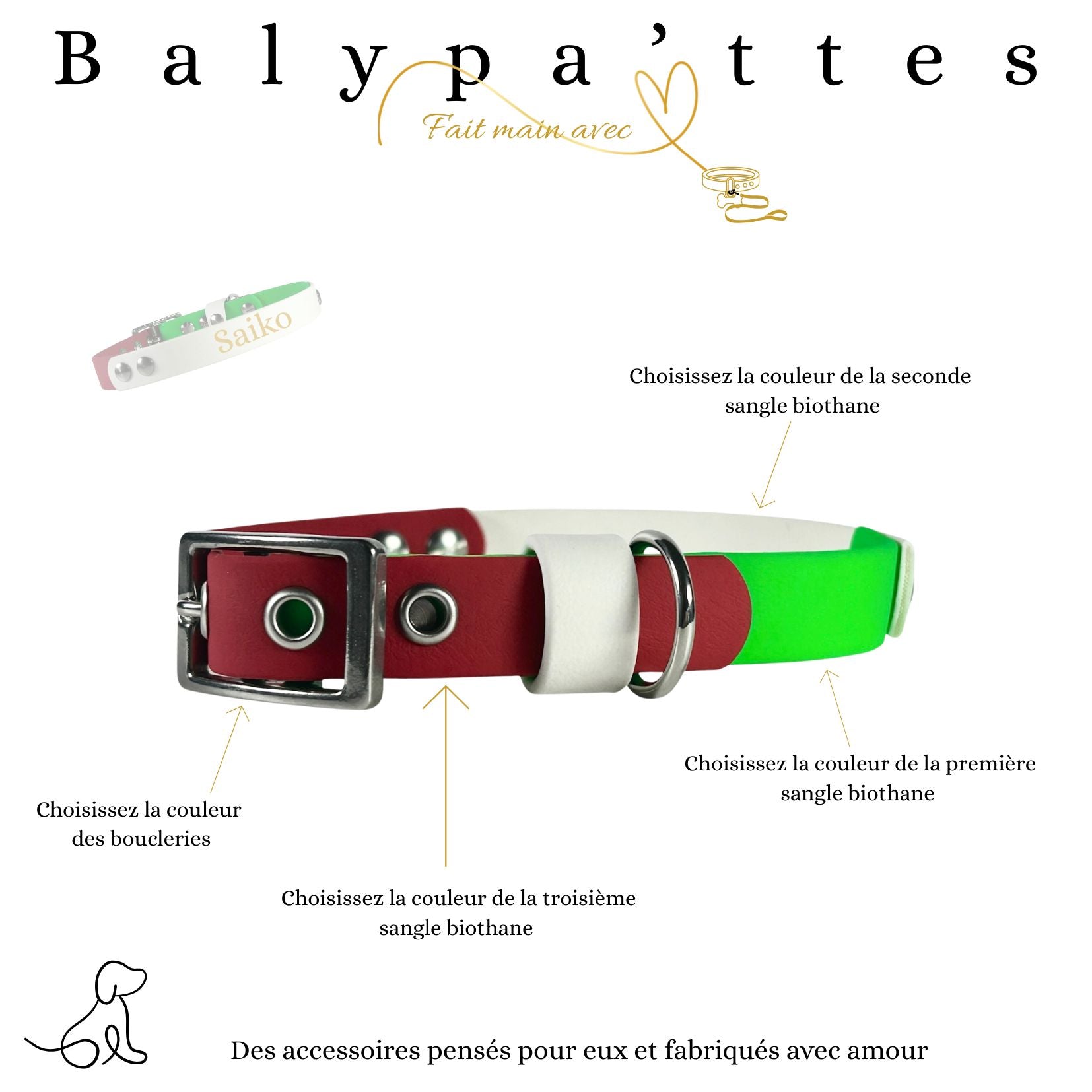 Collier tricolore SAIKO en biothane 19mm
