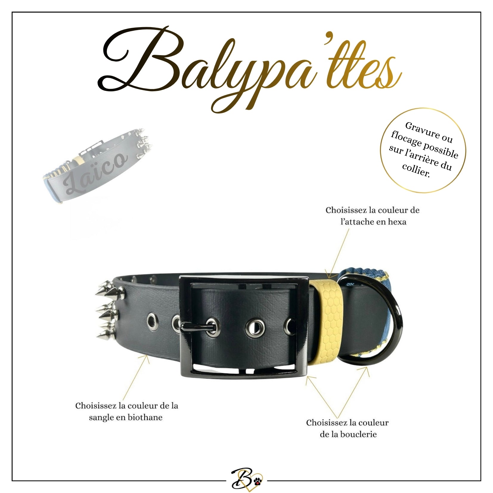 Collier personnalisé pour chien en biothane LAÏCO, en 38mm