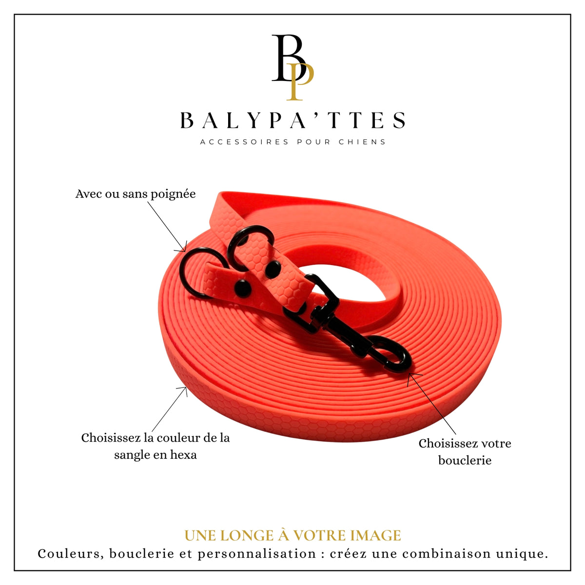 Longe personnalisée pour chien, unie en hexa, avec ou sans poignée, en 16mm